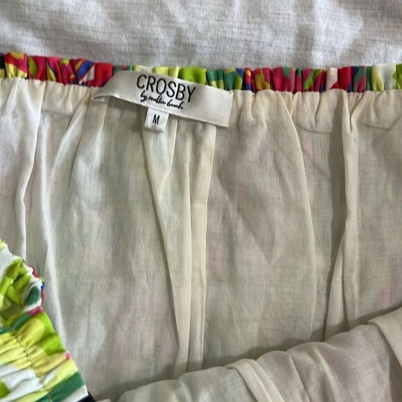 Crosby by Mollie Burch Flamingo Tropical Print Top Smocking Puff Sleeve Sz Med - Picture 8 of 9